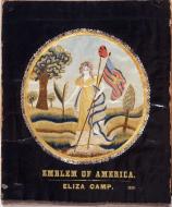 One of our most famous needleworks, “America” by Eliza Camp, c. 1810, is from Connecticut. Gift of Marguerite Durkee and the Stephen Decatur Chapter, NSDAR