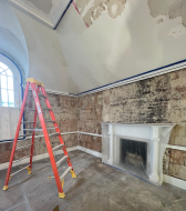 Interior work began in the period rooms with the repair of water-damaged woodwork, flooring, and plaster walls. 