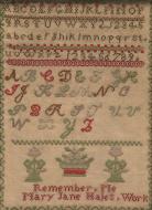 1868 sampler by Mary Jane Hales, Gift of California State Society in honor of Linda Gist Calvin, President General, NSDAR, 2007-2010; Nancy B. Alexander, Vice President General, 2007-2010; and Anne D. Lampman, State Regent, California State Society DAR, 2006-2008.