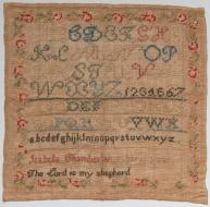 Isabella’s sampler of wool and silk on linen, made at age ten (“in her 11 year”) in 1848. Friends of the Museum Purchase.