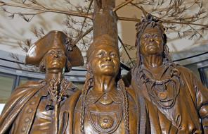 "Allies In War Partners In Peace" statue depicting Oneida Chief Shenendoah, Oneida woman Polly Cooper and General George Washington