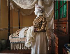 Short gown with John Guest’s label in the collar, possibly worn by his sister, Elizabeth Guest Evans (or possibly Margaret Evans Chandler, his niece). Head wrap, as worn by African- American women, both enslaved and free.
