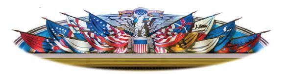 The enlarged picture of the Heritage Club lapel pin that each member received at Continental Congress Heritage Club events in 2017. This picture represents the iconic flag mural, which adorns the lunette above the stage in Constitution Hall and includes various Revolutionary battle flags.
